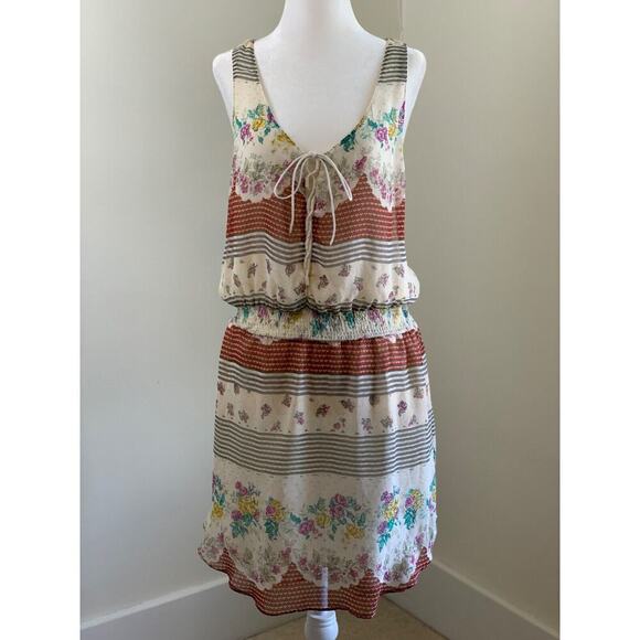 Vtg Fall Free People M Floral Lace Up Chiffon Mini Dress Prairie Cottage - Picture 1 of 6